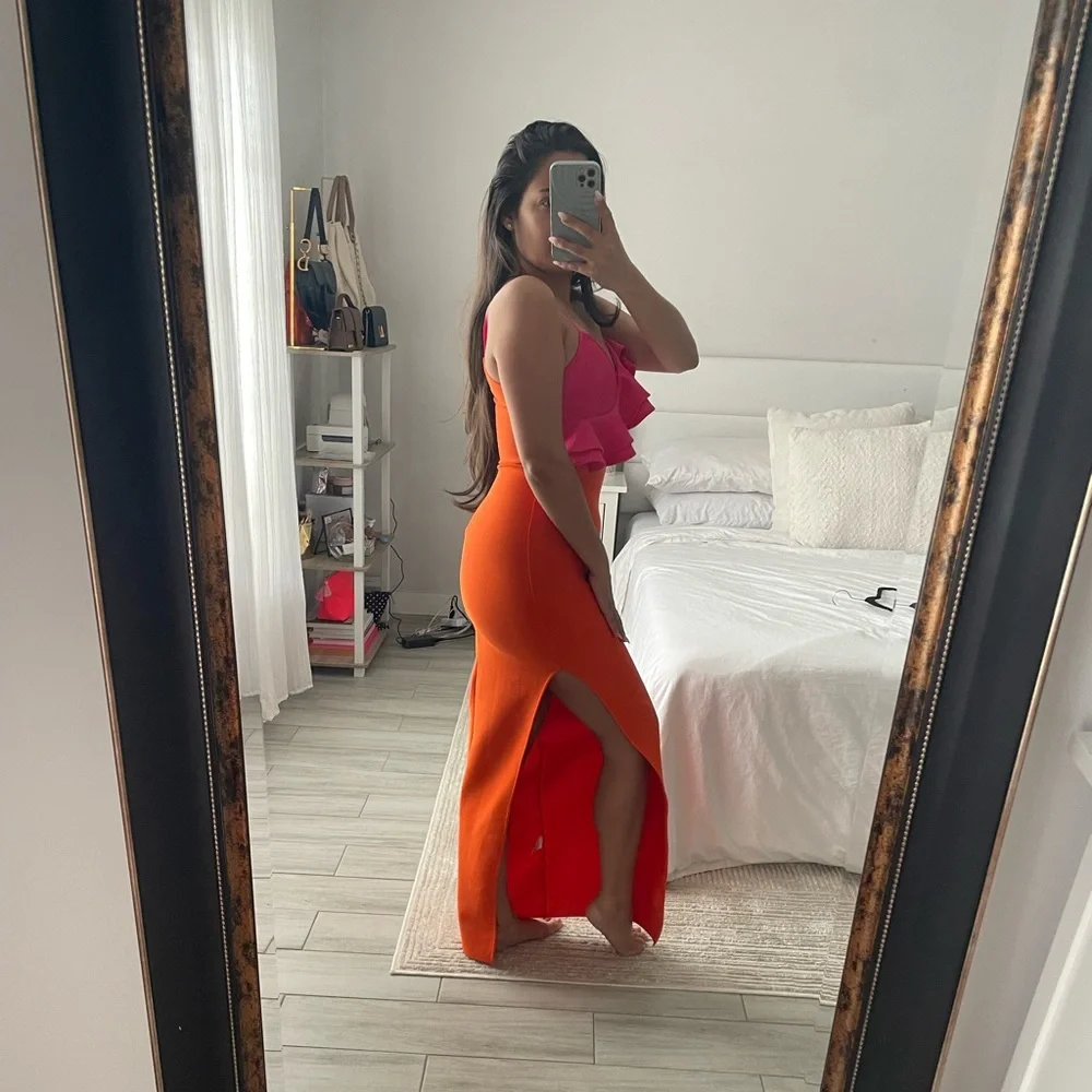 SIS Label Simona Orange & Pink Ruffle Bandage Maxi Dress | Size Small